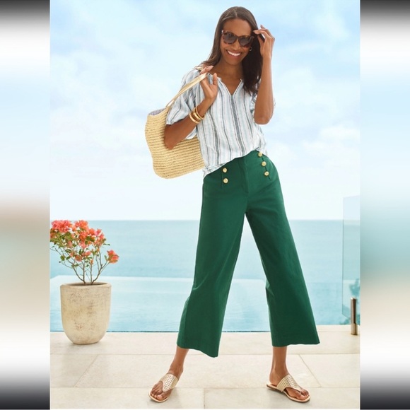 TALBOTS White and Turquiose Striped 100% Linen Blouse Top Women’s Medium Petite - Picture 2 of 11